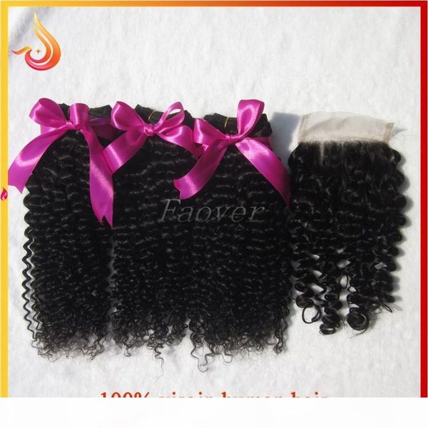 

unprocessed brazilian virgin hair afro kinky curly deep wave human hair weave with matched lace closure natural color ing, Black