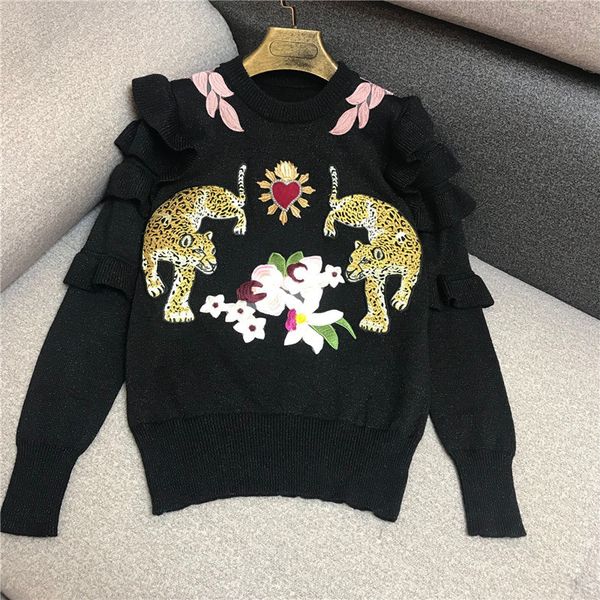 

2021 new runway designers vintage animal floral embroidery woman sweater winter elegant ruffles long sleeve pull femme hiver tdcb, White;black
