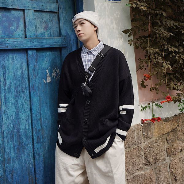 

2021 autumn winter cardigan men's warm fashion casual v-neck knitted coat men streetwear sweater jacket mens k0my, White;black