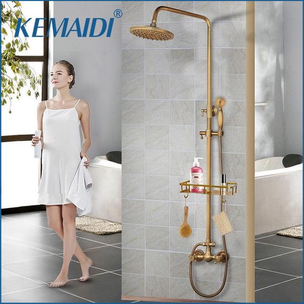 

kemaidi brass antique wall mount shower set faucet single handle with handshower + shelf bathroom shower mixer tap