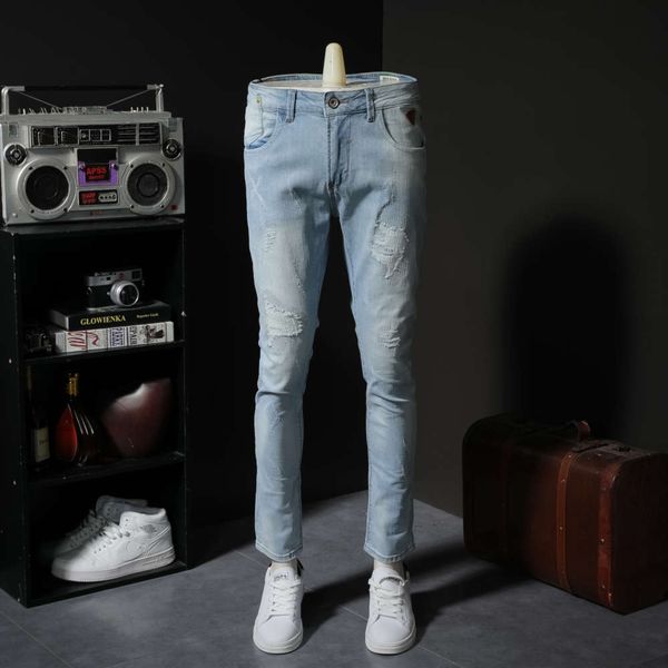 

spring and autumn trend elastic slim little feet young beggar blue pants men's