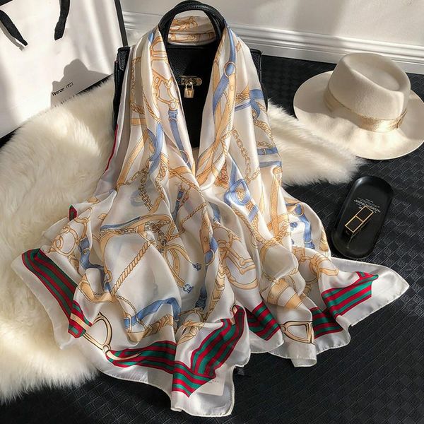 

scarves 2021 design muffler silk scarf women fashion chain print shawl 180x90cm spring/autumn clothing accessories for ladies, Blue;gray