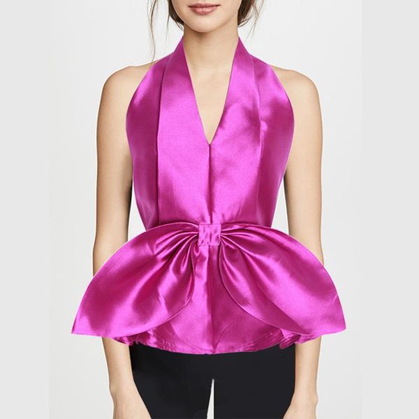 

women's blouses & shirts womens satin v-neck halter french retro open back big bow summer shirt elegant ladies high waist sleeveles, White