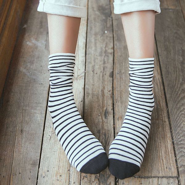 

horizontal stripe female college all cotton thin double pile, Black;white