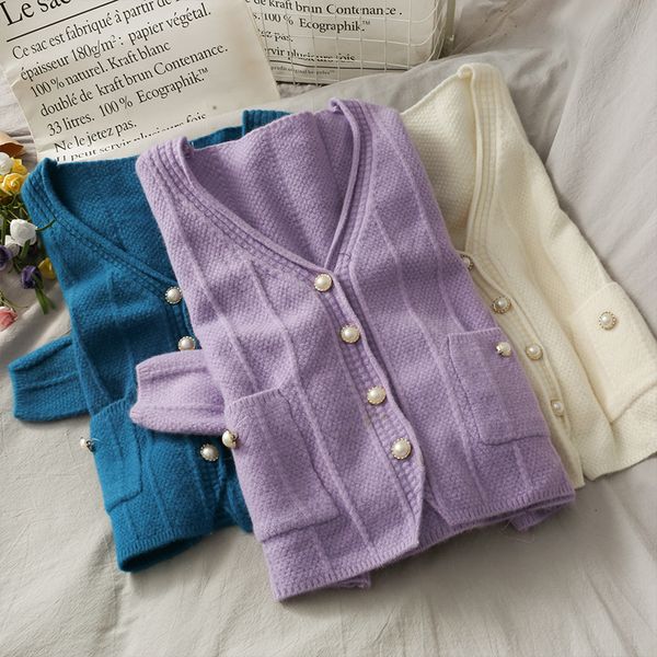 

2021 autumn winter sweet cardigan for women v neck long sleeve pocket purple/blue sweater female single breasted knit h6vi, White;black