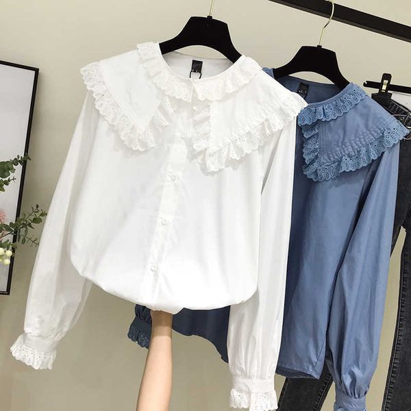 

women's cotton shirt mori girls autumn spring japanese style sweet lace peter pan collar long sleeve solid blouse blusa 210601, White