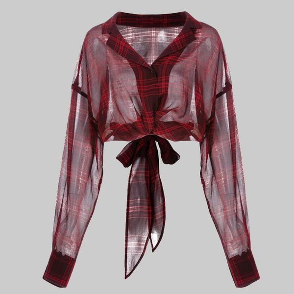 

gothic plaid blouse harajuku punk england style women v-neck lace up transparent long sleeve shirt loose female streetwear, White