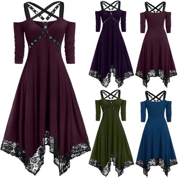 

casual dresses christmas dress women punk plus size open shoulder lace spaghetti strap long sleeve gothic vestidos verano 2021 mujer, Black;gray