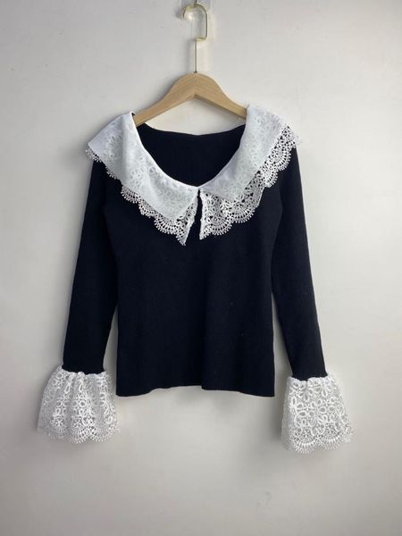 

women's sweaters autumn 2021 embroidered collar button stitching knitted sweater top, White;black