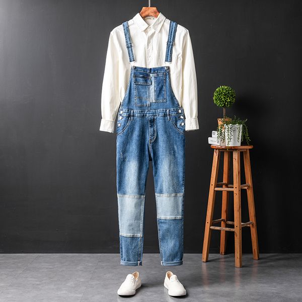

spring and autumn slim fit slimming jeans long mens and womens same color matching washed overalls bib jumpsuit suspenders, Blue