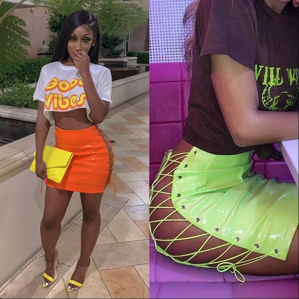 

pu leather skirt for woman lace up bright neon pink green orange high waisted straight mini skirt female streetwear, Black