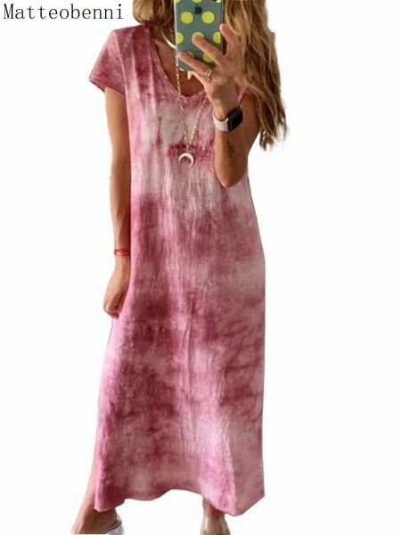 

2021 new women tie-dye print robe summer v-neck loose long gradient elegant casual ladies split maxi vestidos plus size y34n, Black;gray