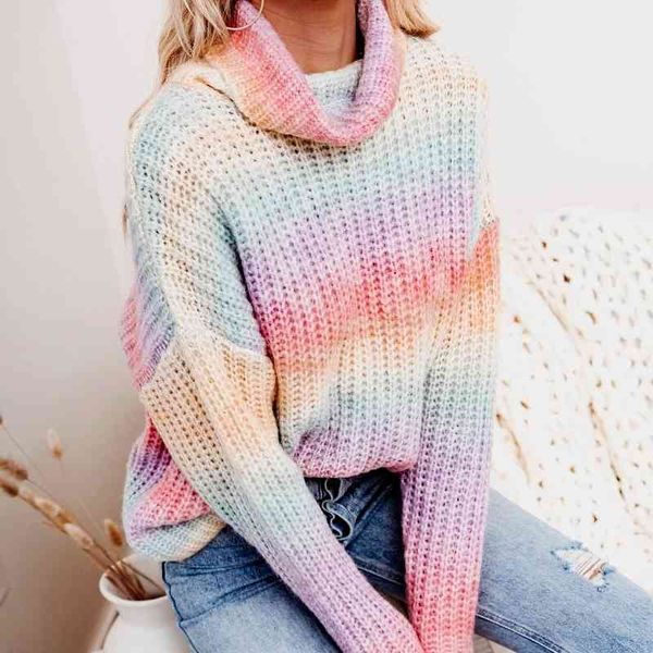 

women's sweaters female knitted or crocheted dye, turtleneck, rainbow, casual, large-scale, long-sleeve sweater vyv1, White;black
