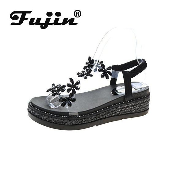 

sandals fujin women platform white beige black wedge heels summer shoes rhinestone flower ins fashion design 2021 comfortable