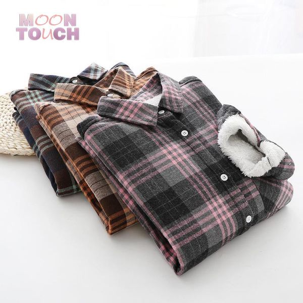 

women's blouses & shirts winter warm thick plaid shirt velvet women casual checked long sleeve pocket cotton female oversized outwear, White