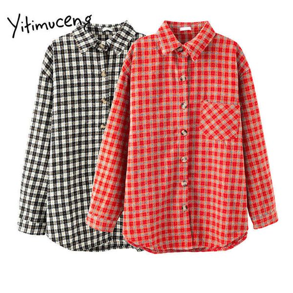 

yitimuceng plaid blouse women vintage button up shirts long sleeve turn-down collar straight black spring fashion 210601, White