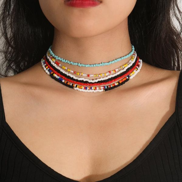 

chains 7pcs kpop fashion rainbow seed bead chain necklace boho handmade female clavicle choker neck for women friend summer jewelry, Silver