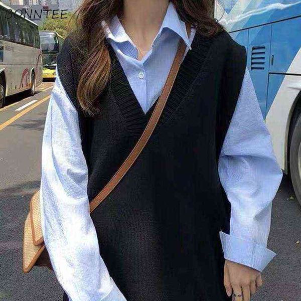 

sweater vest women loose v-neck solid korean style knitting sleeveless chic trendy retro large size 3xl womens vests ulzzang new, Black