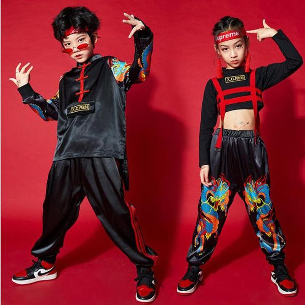 

kids concert chinese style dancing outfits carnival hip hop clothing for girls boys jazz dance wear costume clothes, Black;red