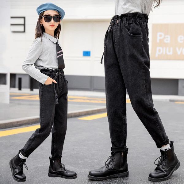 

jeans spring kids girls haren casual black long pants stretch comfortable simple autumn 2021 children teenage trousers 12 14, Blue