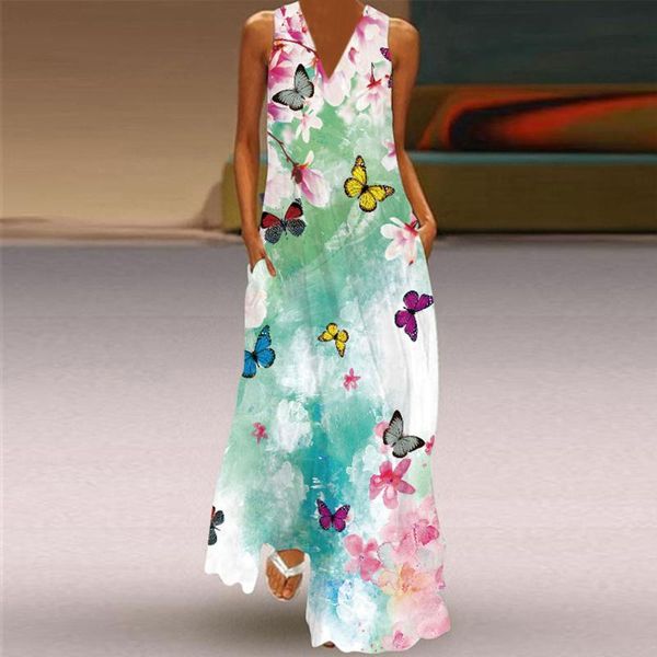 

casual dresses women sleeveless butterfly print plus size party dress vintage v-neck summer cami with pockets elegant, Black;gray