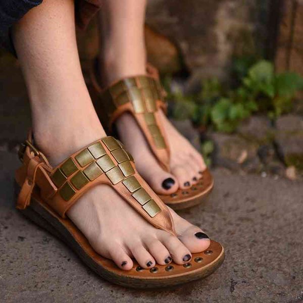 

artmu original women sandals fashion rivet t-shaped flip flops slippers shoes handmade genuine leather beach shoes ladies slides, Black