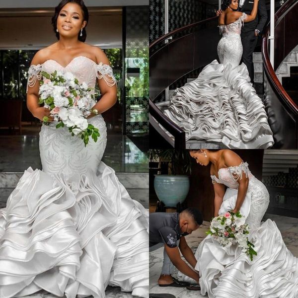 

african satin mermaid wedding dresses trumpet ruffles lace applique bridal gowns plus size off the shoulder vestido de novia, White