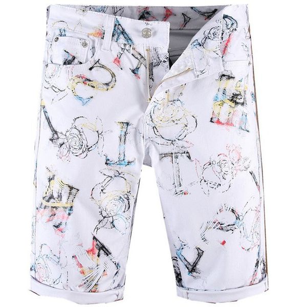 

new men's male fashion printed white shorts slim skinny knee length jeans 6yfw, Blue