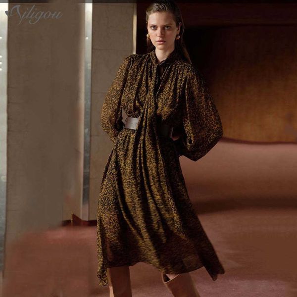 

leopard print dress for women round neck puff sleeves and belt high waist retro bow female autumn fashion 210527, Black;gray