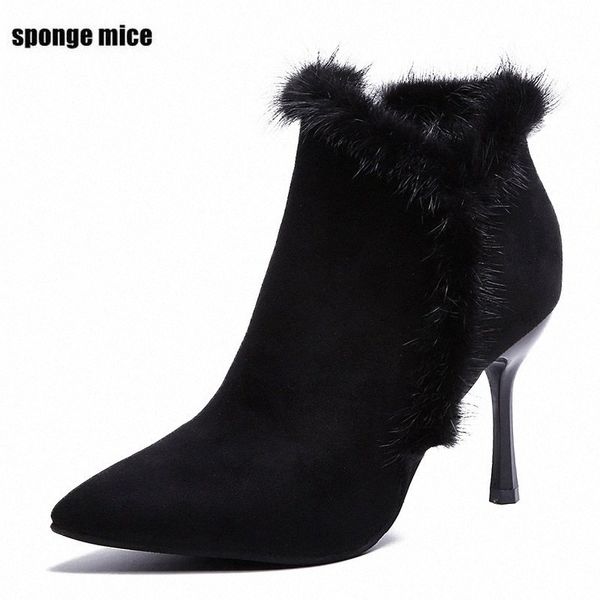 

autumn winter new fashion suede pointed high heeled boots side zipper color matching wedding shoes plus velvet womens boots q 2 monkey a90h#, Black