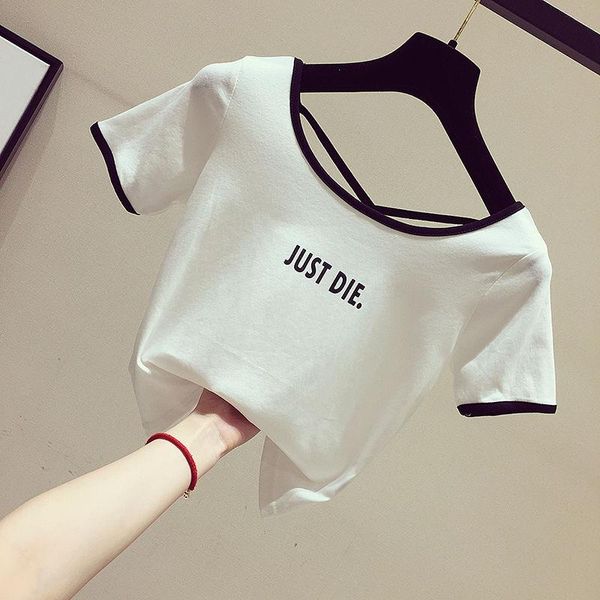 

women's t-shirt 2021 slim high-waist navel exposed letter print fashion short-sleeved short summer, White