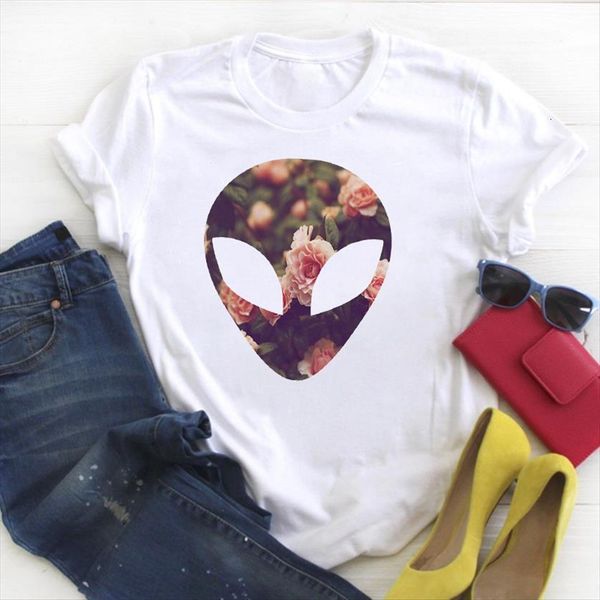 

cartoon face flower print fashion women summer tee clothes womens graphic, White