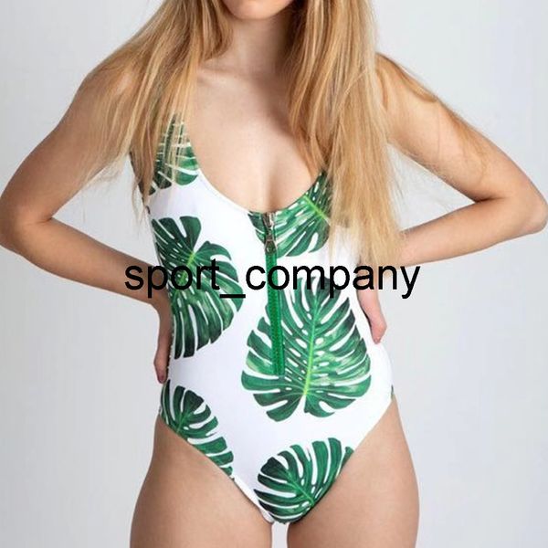 Uma peça Mulheres Swimsuit Sexy Swimwear Zip Up Monokini Acolchoado Ternos de Banho 2021 Fêmea Folha Impresso Verão Beachwear