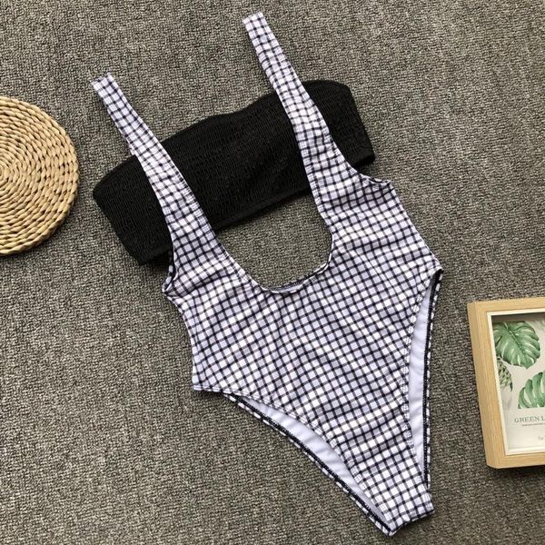 

picksummer woman bikini plaid one-piece swimsuit value two-piece bikini bubble gauze one-piece swimsuit with black tube top