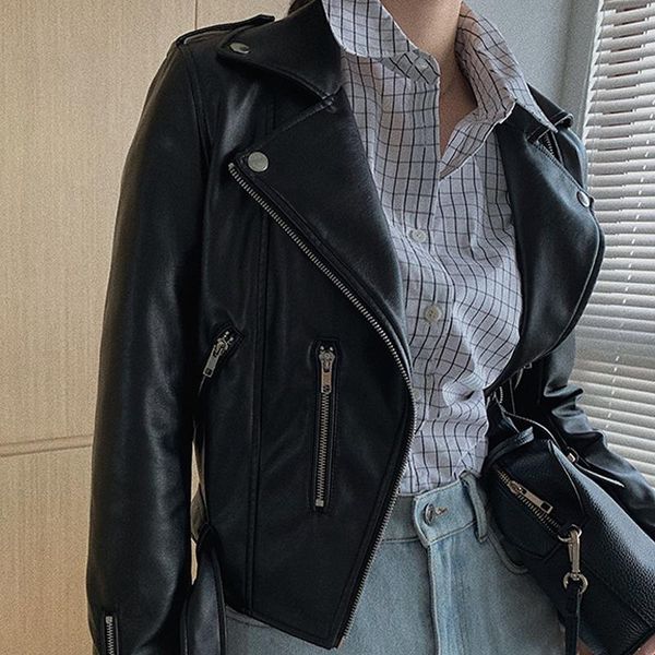 

women's leather & faux chen xiaoying jupiter black coat female 2021 spring cultivate morality short lapels real jacket
