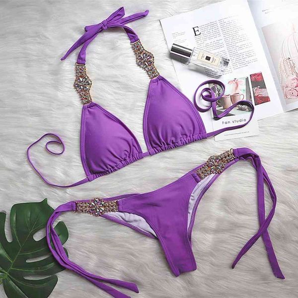 

purple luxury crystal diamond bikini women strappy swimsuit two piece halter padded with ties side ruched bumby air