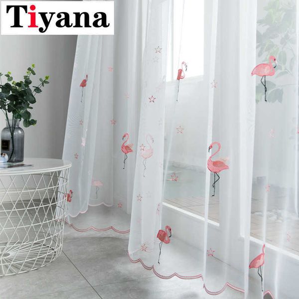 Qualidade White Tulle Bordado Rosa Flamingo Sheer Cortina para quarto Sala de estar Cozinha Janelas Decoração Decoração P238X 210712