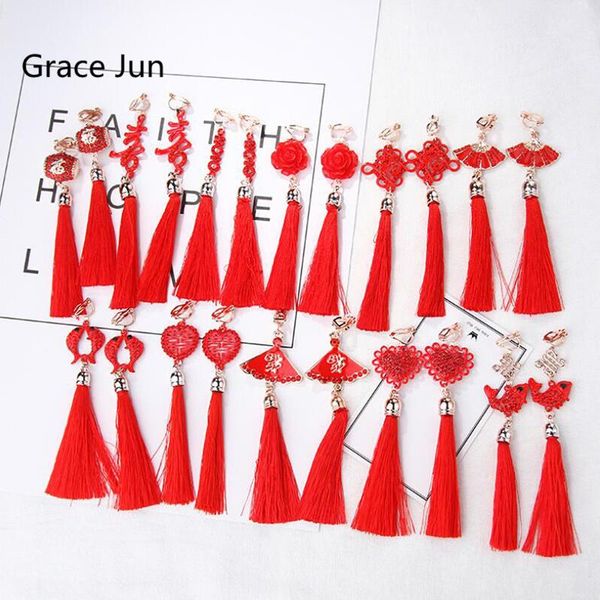 

clip-on & screw back luxury fashion bride wedding chinese knot heart double fish clip on earrings non pierced for women charm elegant, Silver