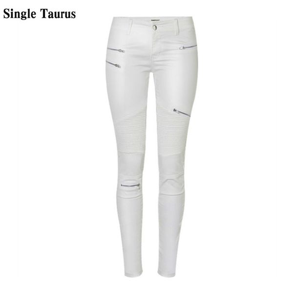 Low cintura couro pu calça streetwear zíperes falsos punk punk push up plus size skinny revestido jean mujer 210915