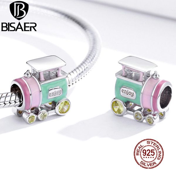 BISAER Eisenbahn Zug Perlen 925 Sterling Silber Bunte Zirkon Auto Charms Anhänger Fit Original Armband Halskette Schmuck EFC289 Q0531