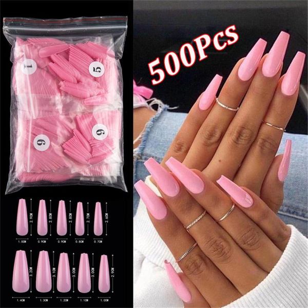

500pcs colorful false nails long ballerina coffin shape uv shiny extra long full wrap solid color ballerina nails, Red;gold