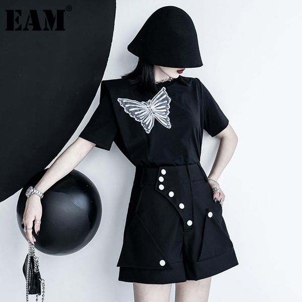 

women's shorts [eam] women black irregular button spliced wide leg high waist loose fit trousers fashion spring summer 2021 1de0093, White;black