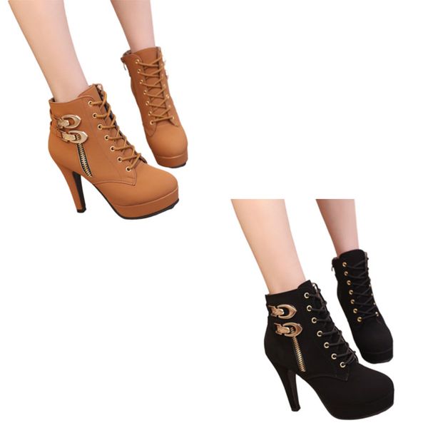 

lady's size boots 2021 european and american high heels, low side zipper, pure lace up thick legged fashion booteu35-eu43, Black