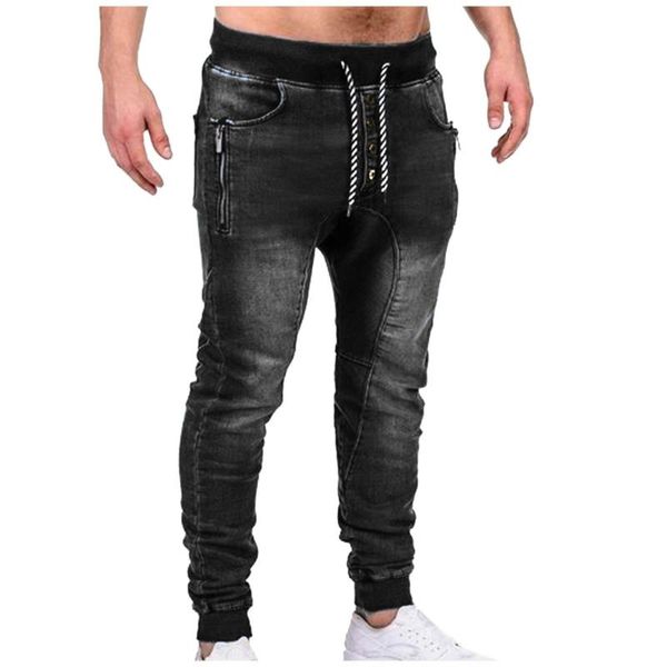 

yoga outfit men stretch jeans elastic waist drawstring multi-pockets sports pants hip-hop denim male casual jogging cargo