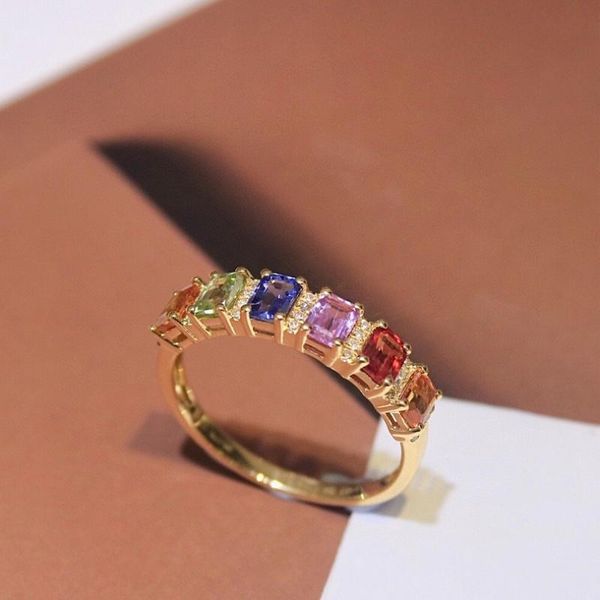 

cluster rings 18k gold solid rainbow sapphire row diamond yellow real jewelry(au750)women candy colors engagement wedding for lady, Golden;silver