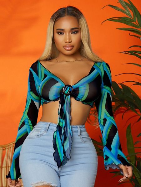 

sxy graphic print draped lettuce trim crop z5ma#, White