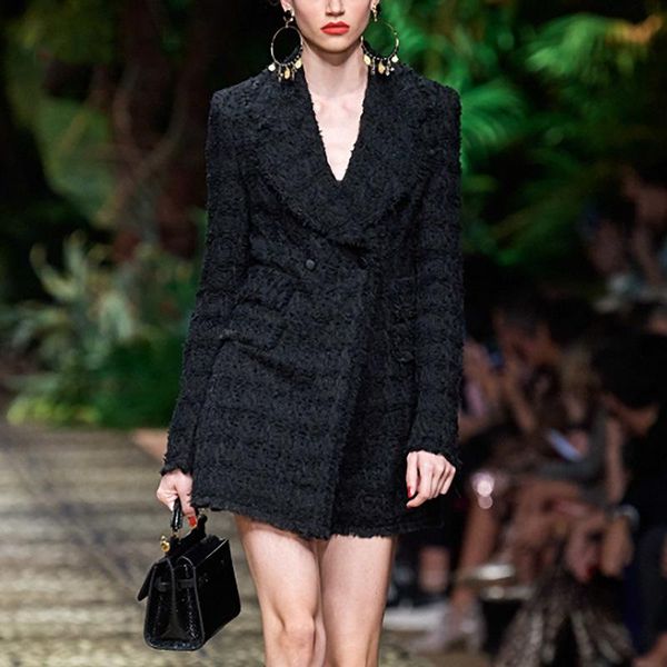 

coat women's 2021 spring fashion new celebrity lapel waist double breasted tweed coat, Black