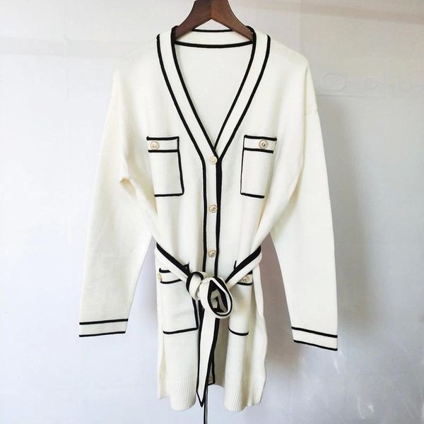 

328 2021 spring summer brand same style sweaters black white red pink cardigan v neck long sleeve sweater women clothes qiani, White;black
