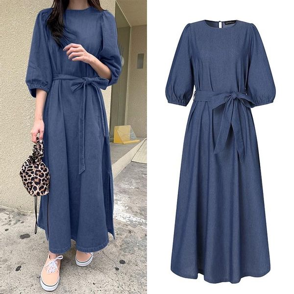

casual dresses stylish denim blue dress women's summer sundress 2022 puff sleeve maxi vestidos female hollow split robe oversize, Black;gray