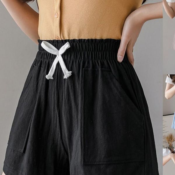 

fashion cotton and linen bandage short women lady solid casual loose plus size short high waist pockets shorts 30, White;black